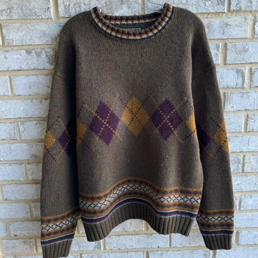 Vintage Tommy Hilfiger Argyle Pattern 100% Wool Knit Sweater Men's Size L.